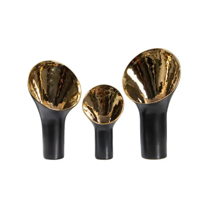 Set of three modern black and gold trumpet ceramic flower vases with reflective gold interiors for living room decorbites golden trumpet decor
