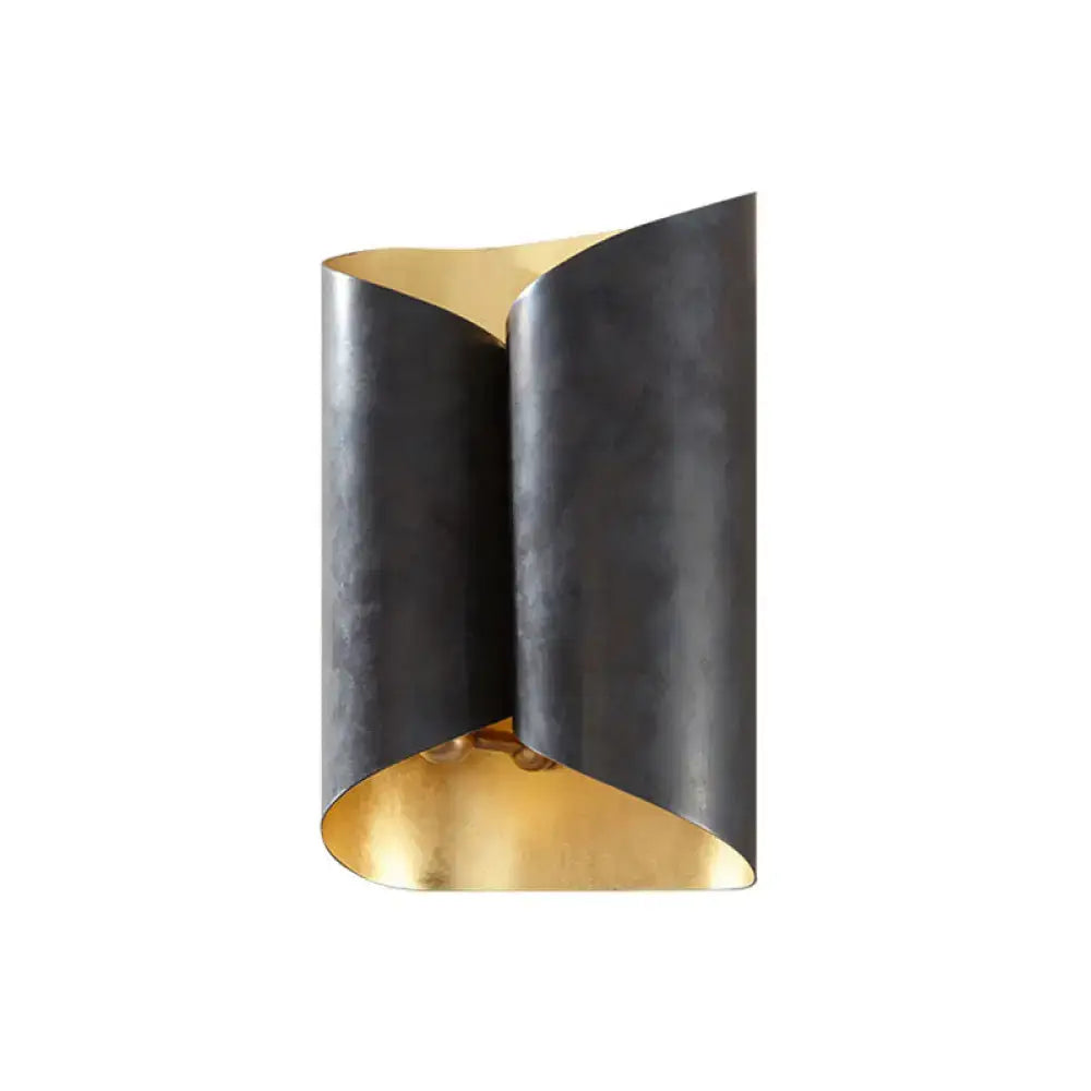 Modern black and gold twisted metal porch wall sconce light fixture with bulb base and sleek design