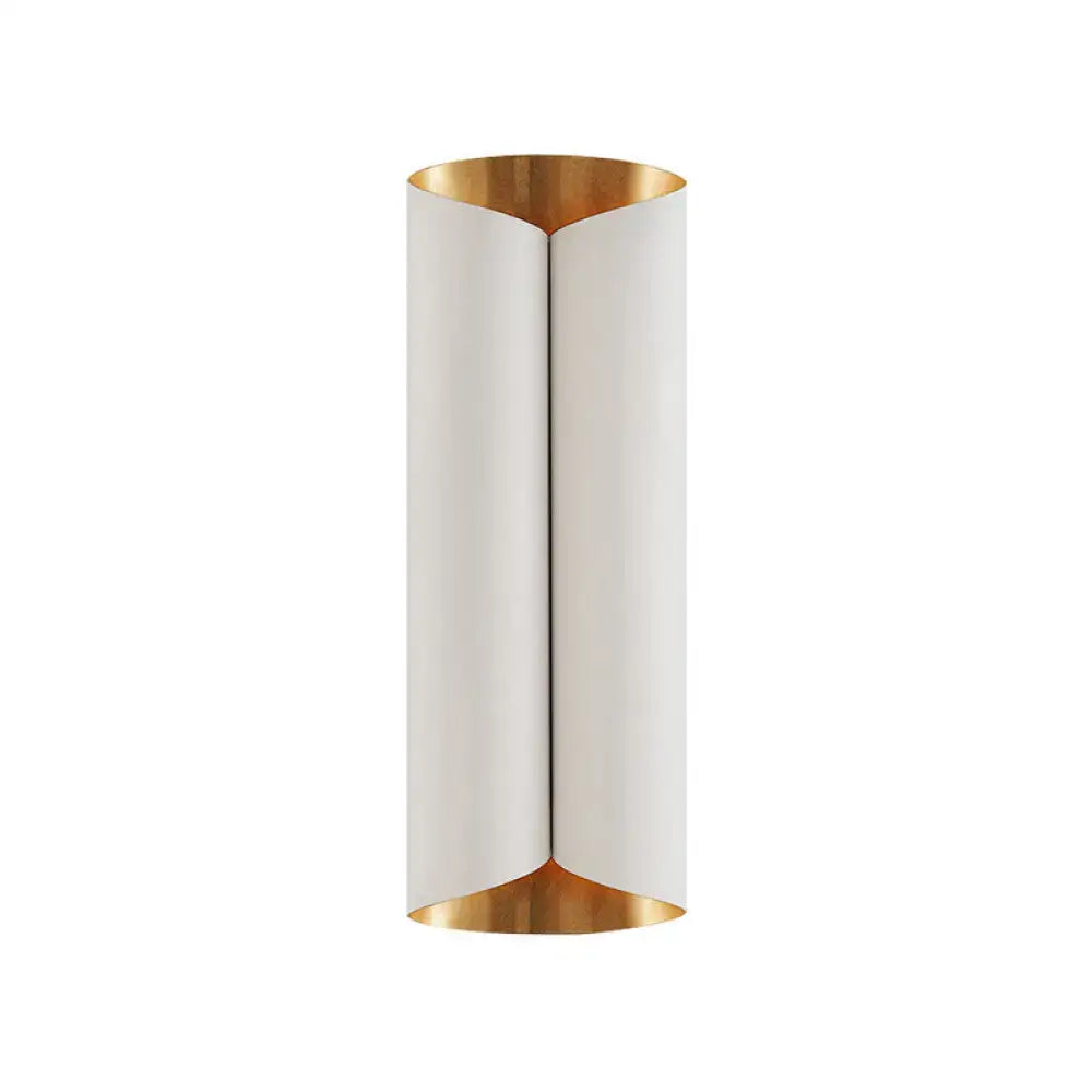 Modern black and gold twisted light fixture porch wall sconce with white cylindrical design and gold-toned bulb base lining