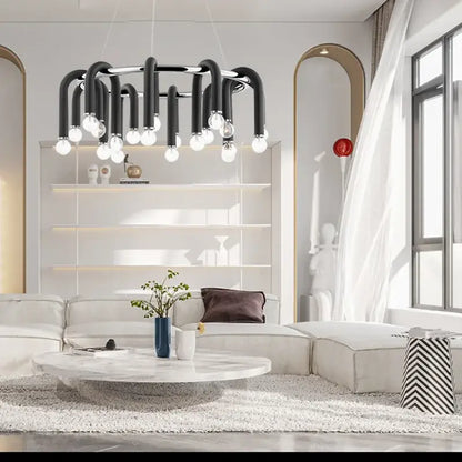 Modern black u shape tube gold ring chandelier with exposed bulbs for dining room lighting