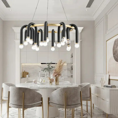 Modern black u shape tube gold ring chandelier with curved arms and exposed bulbs for dining room lighting