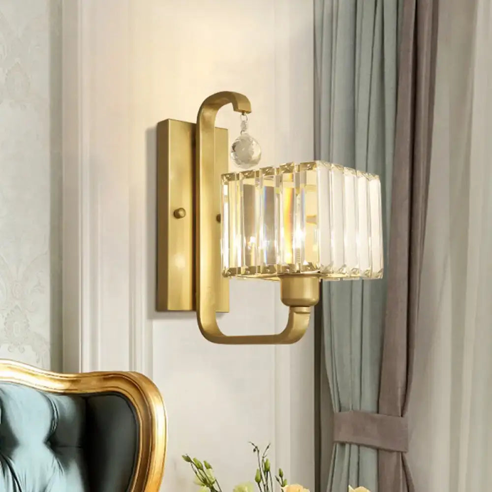 Modern black and gold wall sconce with ornate curved arm and rectangular crystal shade for living room light wall lamp