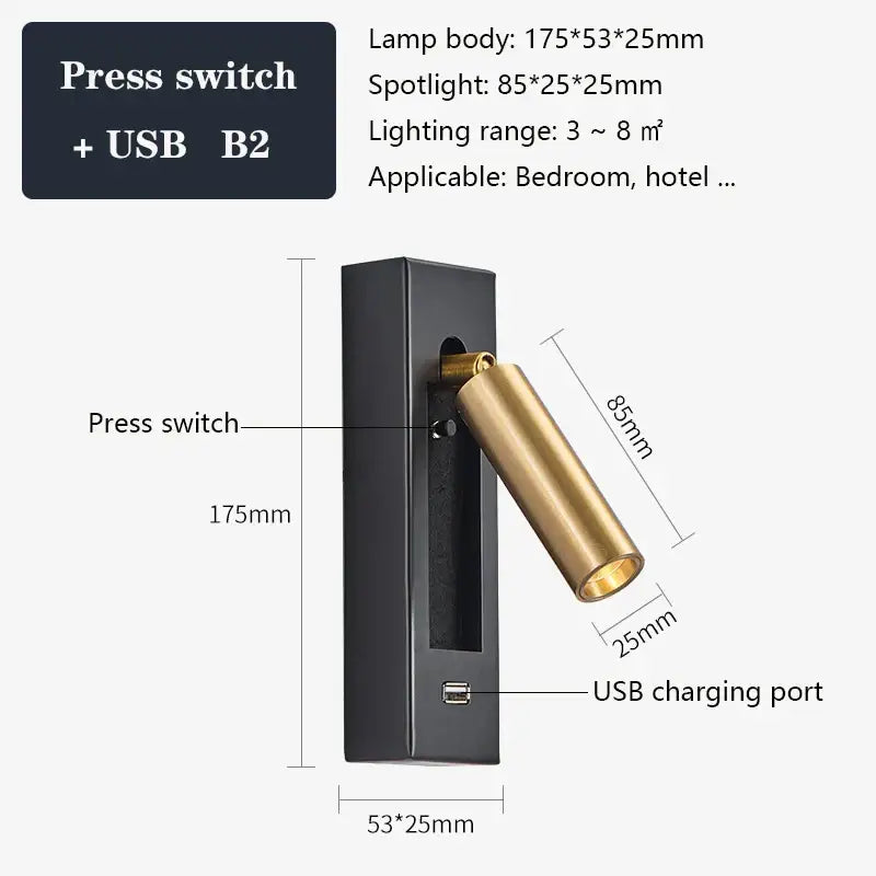 Modern black brass wall sconce with gold adjustable spotlight and usb b2 port for bedroom reading by decorbites black brass