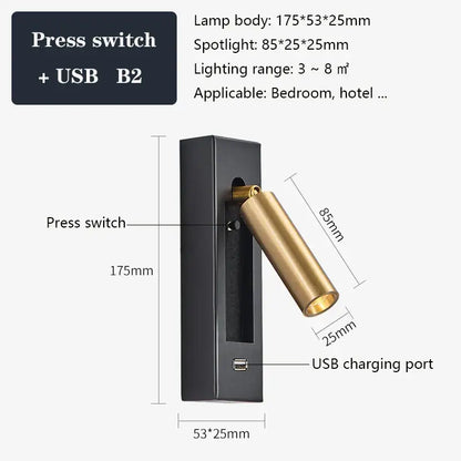 Modern black brass wall sconce with gold adjustable spotlight and usb b2 port for bedroom reading by decorbites black brass