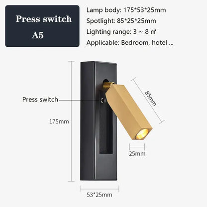 Modern black brass wall sconce with gold angular head and integrated press switch for bedroom reading light decorbites black brass