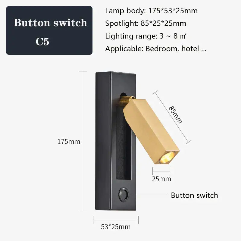 Modern black and gold wall sconce with usb port and button switch in black brass for bedroom or hotel decorbites black brass