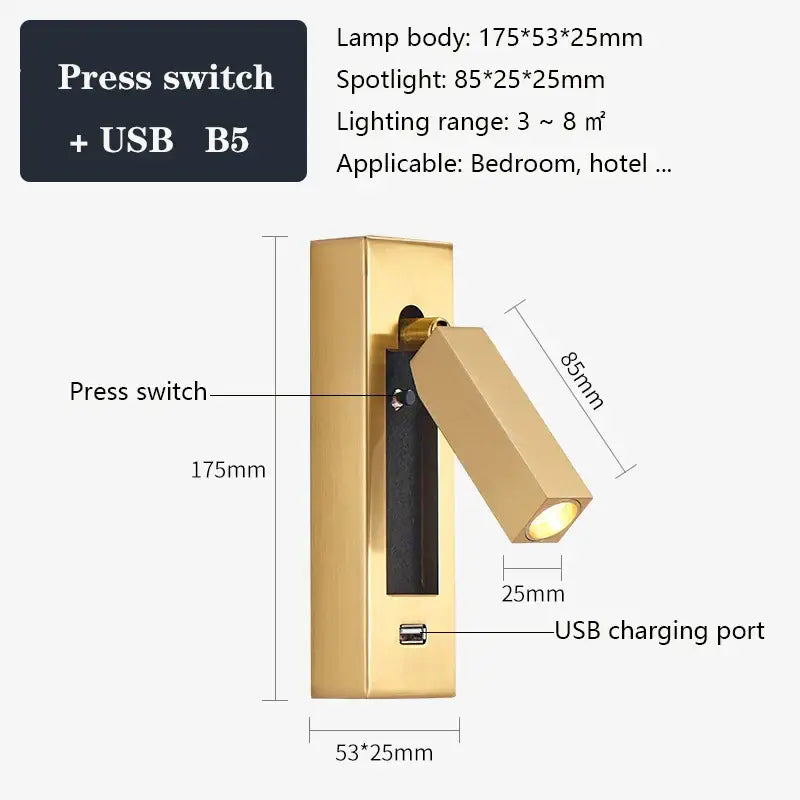Modern black brass wall sconce with gold finish adjustable spotlight and integrated usb port for bedroom reading light