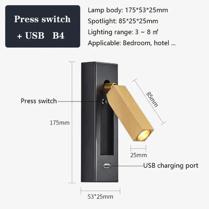 Modern black brass wall sconce with gold adjustable spotlight and usb port for bedroom reading decorbites black brass