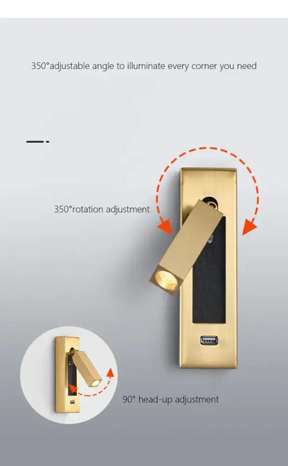 Modern black and gold wall sconce in black brass with usb port for bedroom reading light by decorbites black brass