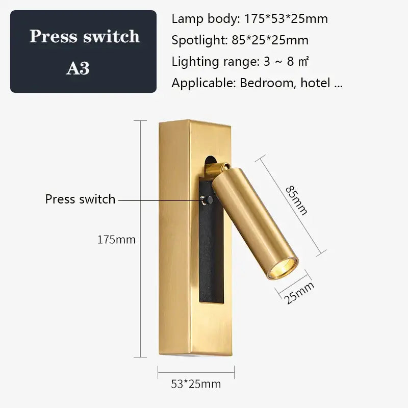 Modern black and gold wall sconce with black brass finish, gold spotlight, usb port, and adjustable head for bedroom reading light