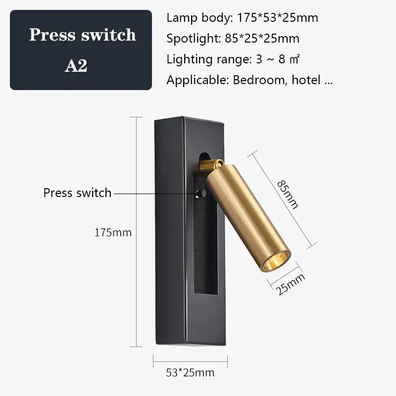 Modern black brass wall sconce with brass adjustable head and press switch for bedroom reading decorbites black brass