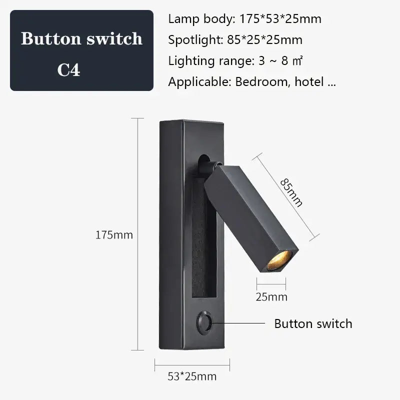Black rectangular wall sconce with adjustable head button switch and decorbites black brass finish for bedroom reading light