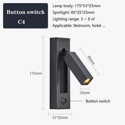Black rectangular wall sconce with adjustable head button switch and decorbites black brass finish for bedroom reading light