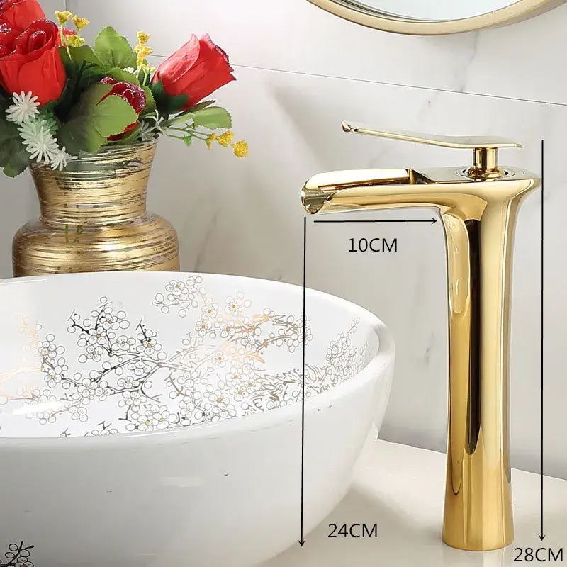 Modern black and gold decorbites gold waterfall basin faucet with sleek tall design and single lever handle for bathroom use
