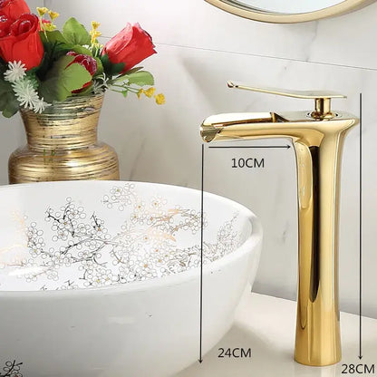 Modern black and gold decorbites gold waterfall basin faucet with sleek tall design and single lever handle for bathroom use