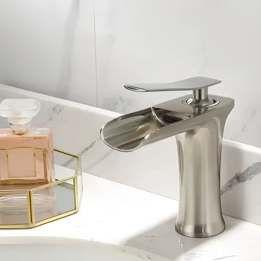 Modern brushed nickel basin faucet with sleek curved spout and minimalist design for decorbites gold waterfall bathroom use