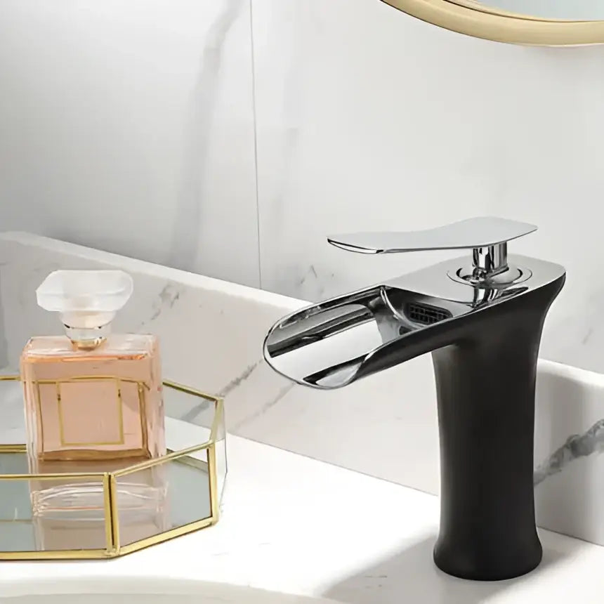 Modern black and gold waterfall basin faucet with chrome finish and black matte base for gold waterfall bathroom decorbites
