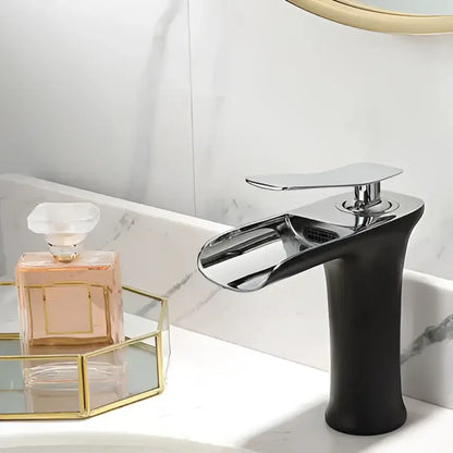 Modern black and gold waterfall basin faucet with chrome finish and black matte base for gold waterfall bathroom decorbites
