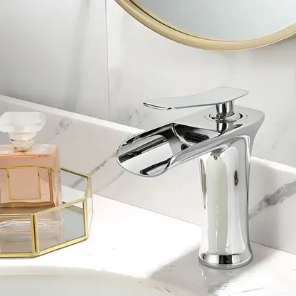 Modern black and gold basin faucet with chrome finished waterfall spout for gold waterfall bathroom decorbites style