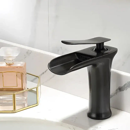 Modern black matte-finish basin faucet with sleek design for gold waterfall bathroom and decorbites gold waterfall collections
