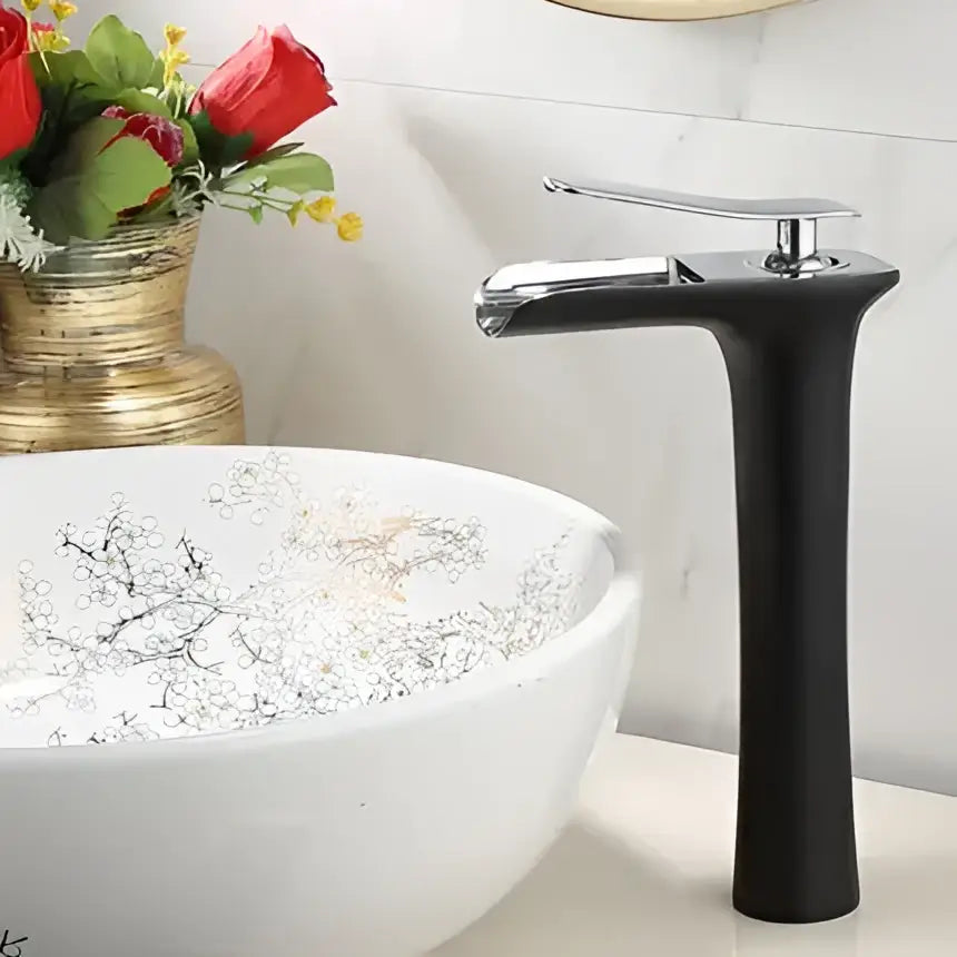 Modern black and gold waterfall basin faucet with matte finish and chrome accents for gold waterfall bathroom decorbites