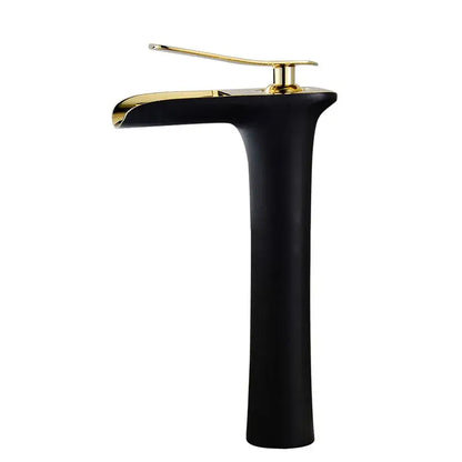 Modern black and gold waterfall basin faucet with matte finish and polished decorbites gold waterfall accents for bathroom