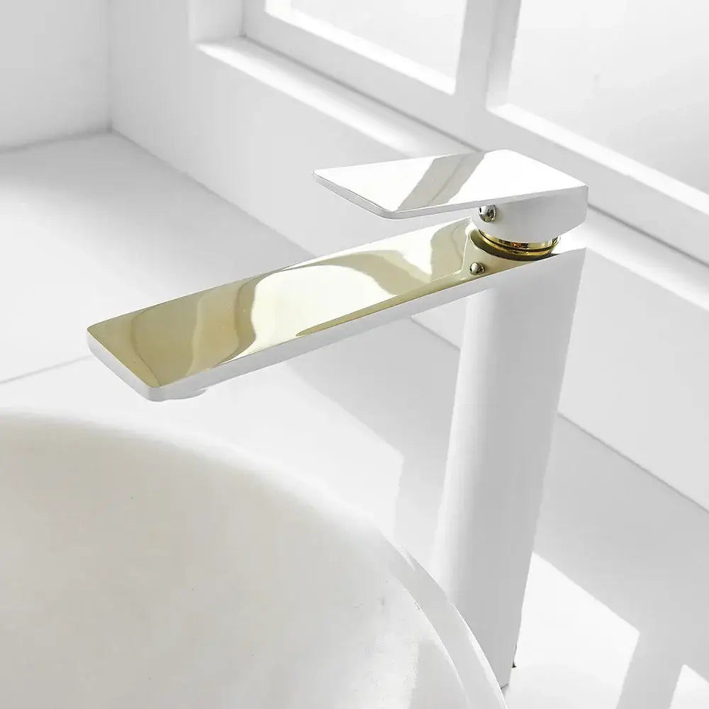 Modern black and gold single handle basin faucet with sleek rectangular spout for bathroom decorbites black single use