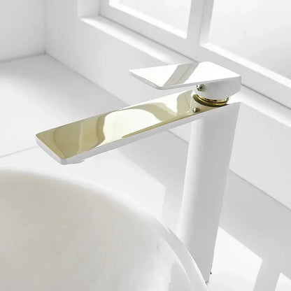 Modern black and gold single handle basin faucet with sleek rectangular spout for bathroom decorbites black single use