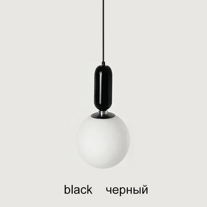 Minimalist black pendant light with a sleek cylindrical fixture and frosted white glass ball led chandelier decorbites glass ball