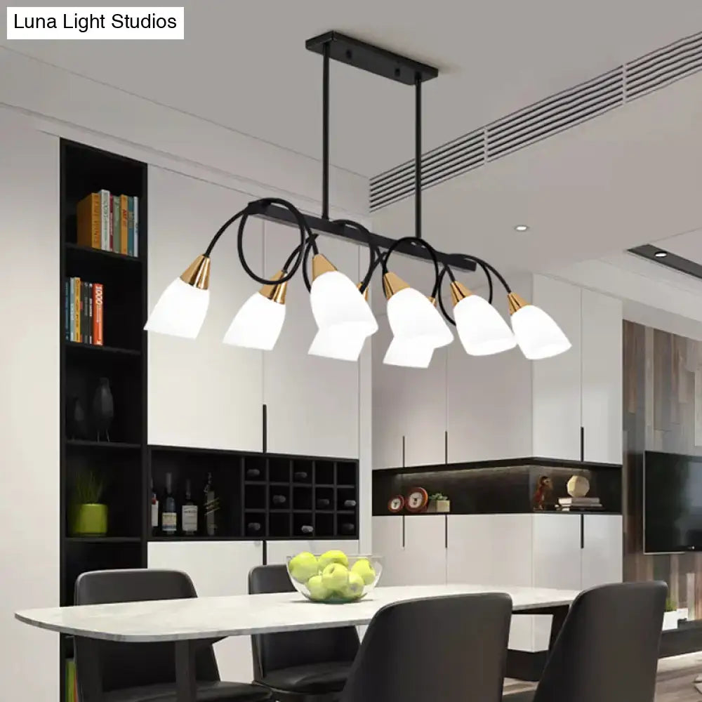 Modern black metal chandelier with six white glass shades and gold-toned accents ceiling light for dining room