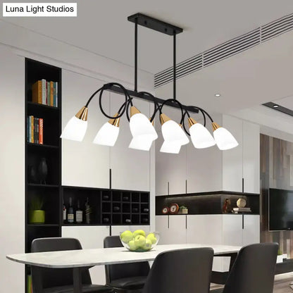 Modern black metal chandelier with six white glass shades and gold-toned accents ceiling light for dining room