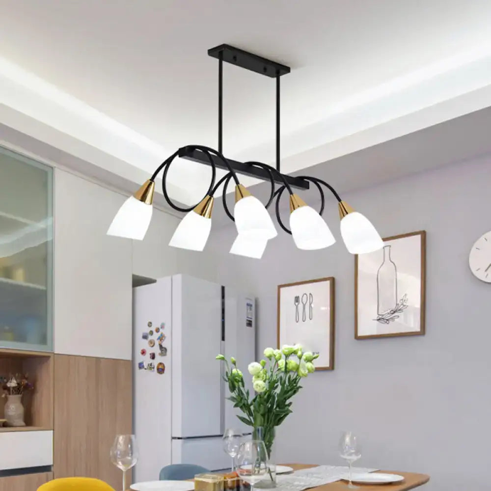 Black and gold modern chandelier with six frosted white glass shades ceiling light for dining room island fixture