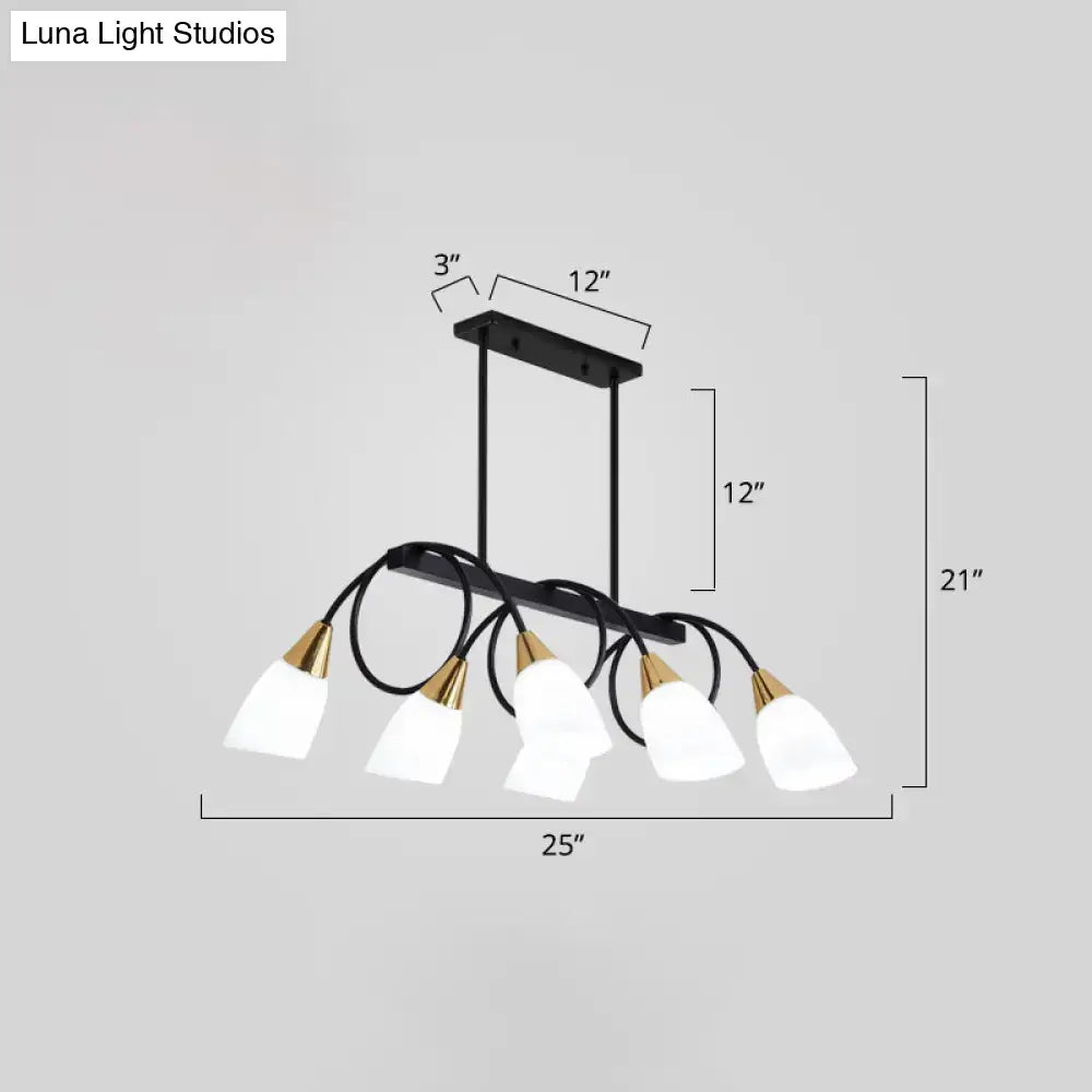 Black metal chandelier with five frosted white glass shades and gold-toned accents ceiling light for dining room