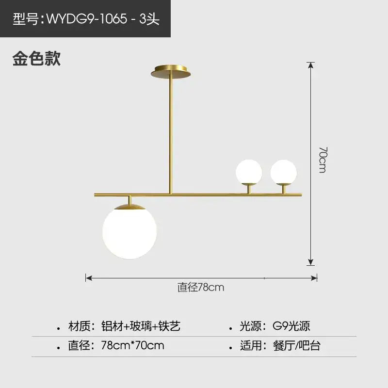 Modern black golden glass chandelier kitchen pendant light with gold-toned aluminum iron frame and three spherical shades