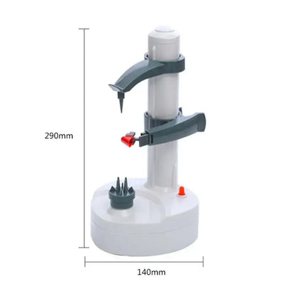 Modern black and gray electric peeler with white and gray body and red button is a fruit slicer gadget for kitchen use