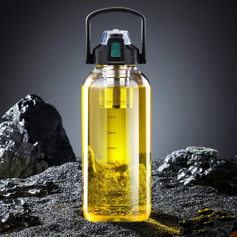 Transparent plastic water bottle with black handle cap and green button lid to complement decorbites glass cup