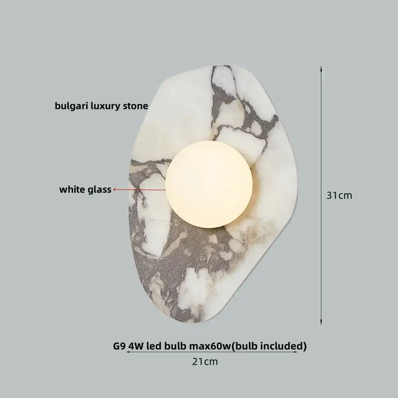 Modern black and green marble wall sconce with white glass light and irregular decorbites green marble stone veining