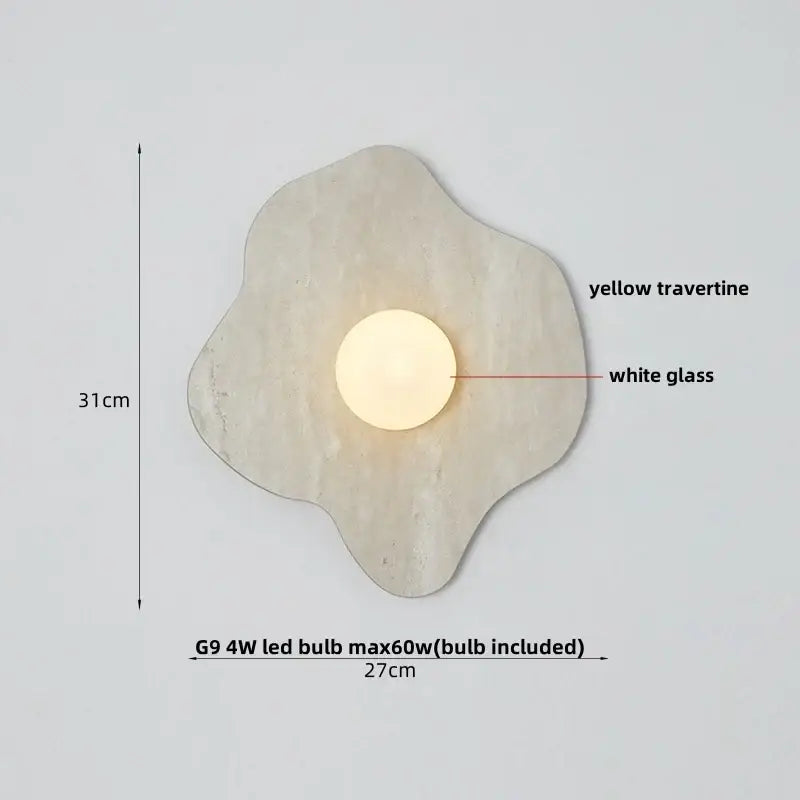 Modern wall sconce with a yellow travertine base and white glass led bulb, perfect for decorbites green marble stone decor