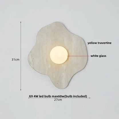 Modern wall sconce with a yellow travertine base and white glass led bulb, perfect for decorbites green marble stone decor