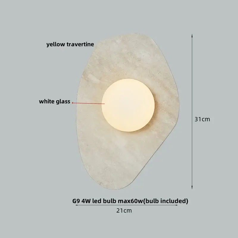 A modern wall sconce with a yellow travertine base and white glass bulb for bedroom decorbites green marble stone accent