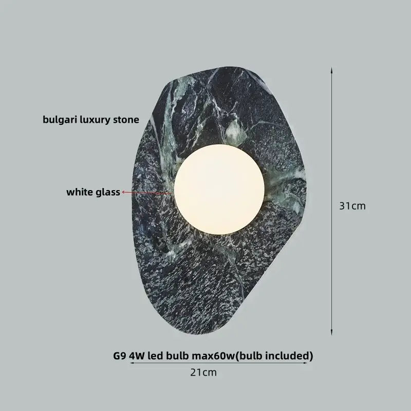 Modern wall sconce featuring a dark veined bulgari luxury green marble stone with a white glass circle center for decorbites decor