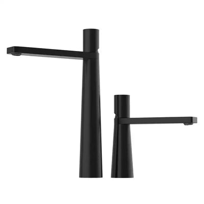 Modern black and grey brass decorbites basin faucet with sleek minimalist design and tall spout for bathroom use