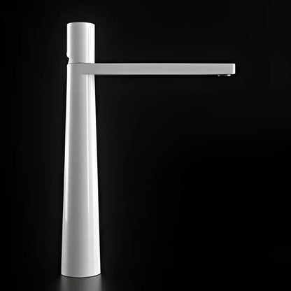 Modern black and grey brass decorbites basin faucet with white ceramic tall cylindrical base and minimalist design