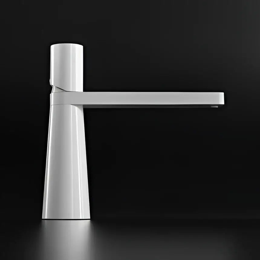 Modern white ceramic basin faucet with sleek minimalist design and long horizontal spout by decorbites basin faucet