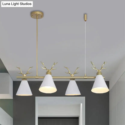 DecorBites™ antler design nordic chandelier with gold tone, white conical shades, black grey white accents for restaurant island lighting