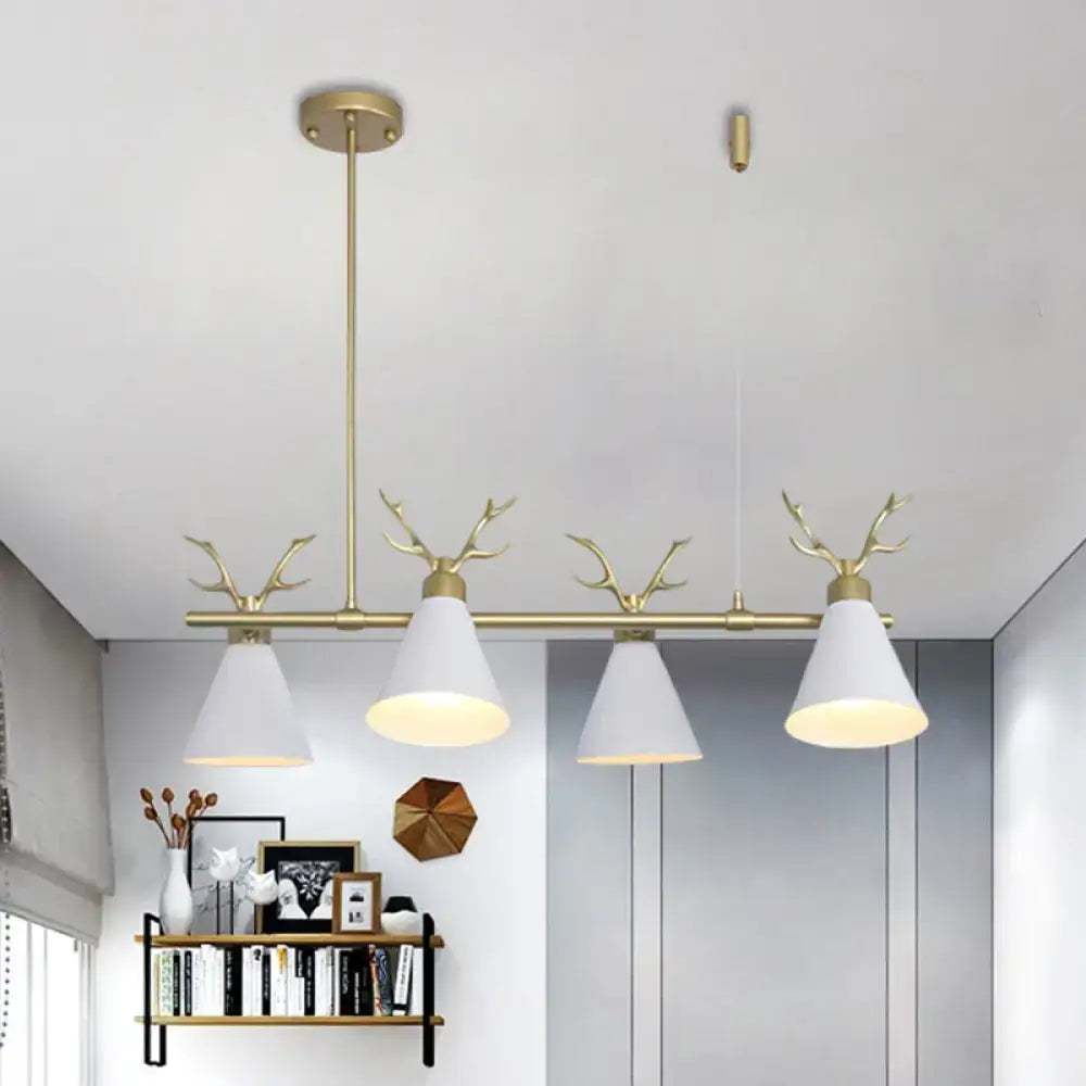 Gold-toned decorbites™ antler design nordic chandelier with four white conical shades in black grey white tones for restaurant lighting