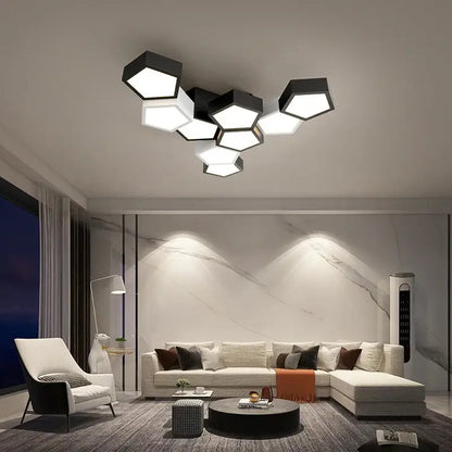 Modern black hexagonal geometric ceiling lamps with illuminated panels for master bedroom decorbites ceiling lamps