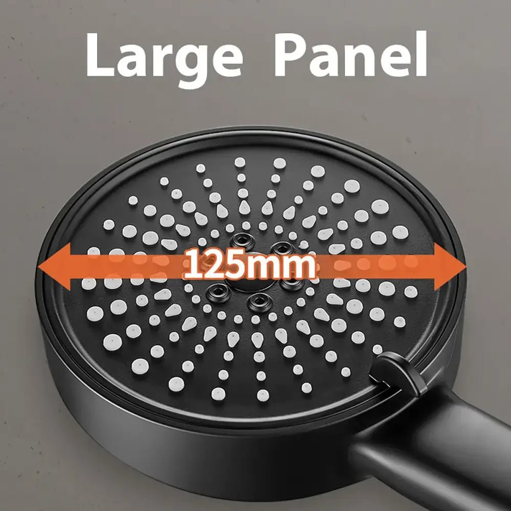 Modern black matte finish high pressure shower head with large circular panel and multiple white radial nozzles