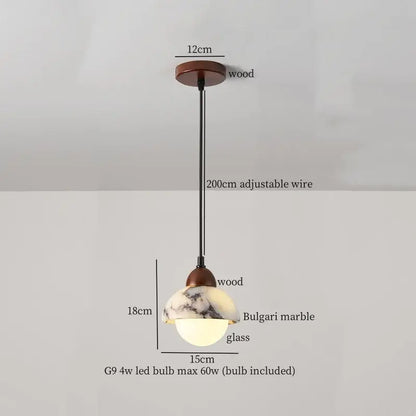 Modern pendant light with warm wooden mount and translucent white marble dome shade suspended by adjustable iron marble led wire