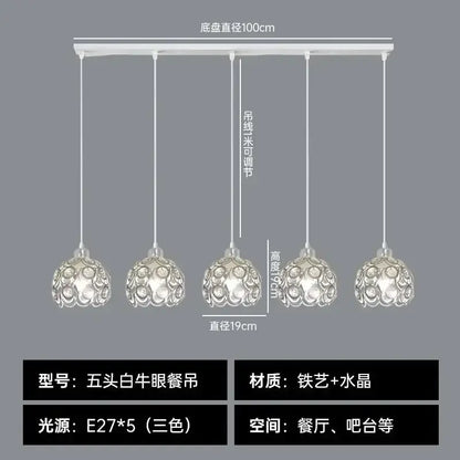 Modern black iron pendant lamp with five-head white cow-eye lights and crystal dining decorbites design for kitchen island